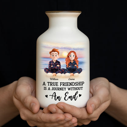 Personalized white ceramic flower vase with "It Takes a Long Time to Grow an Old Friend" inscription.