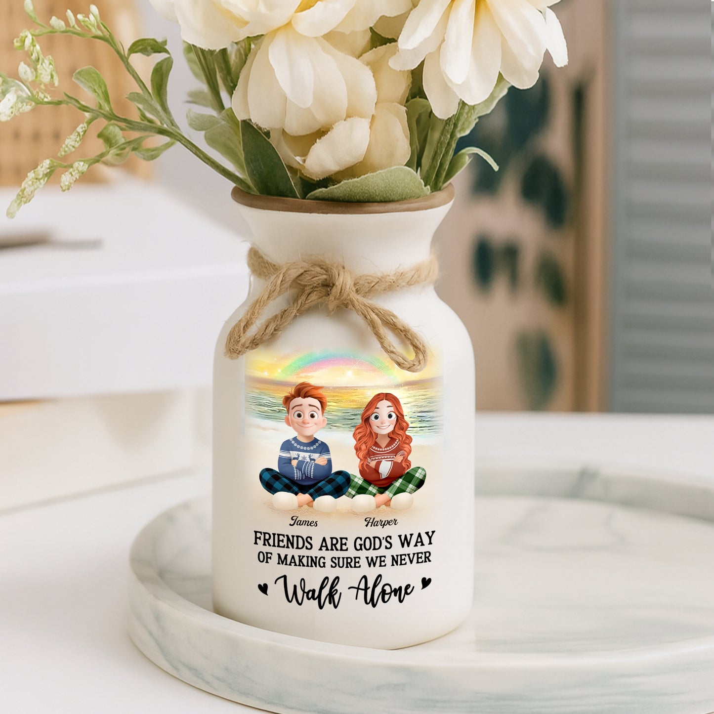 Personalized white ceramic flower vase with "It Takes a Long Time to Grow an Old Friend" inscription.