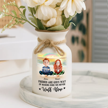 Personalized white ceramic flower vase with "It Takes a Long Time to Grow an Old Friend" inscription.