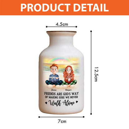 Personalized white ceramic flower vase with "It Takes a Long Time to Grow an Old Friend" inscription.