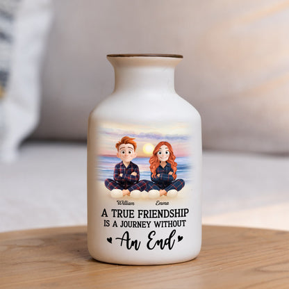 Personalized white ceramic flower vase with "It Takes a Long Time to Grow an Old Friend" inscription.