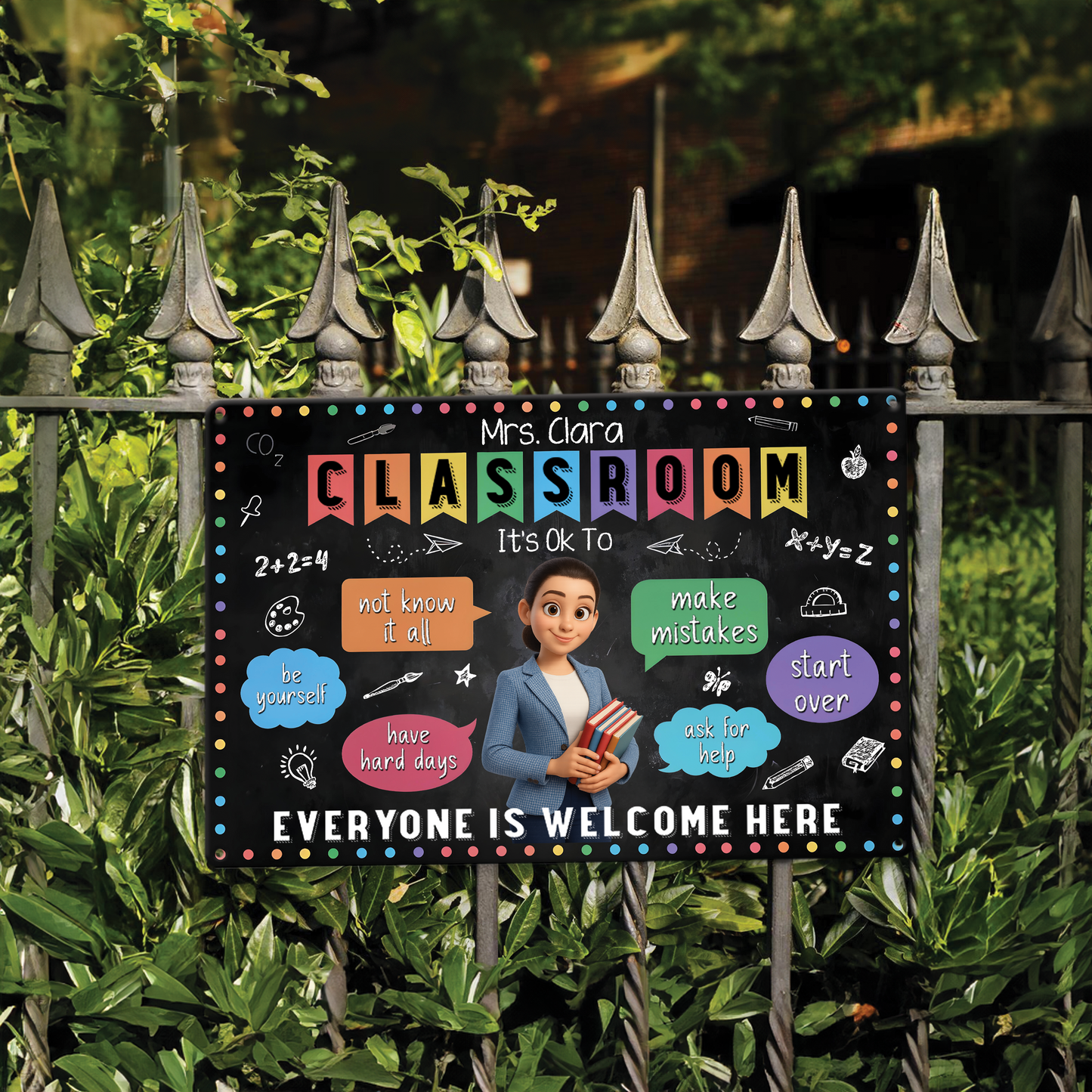 Personalized "It's Okay To Make Mistakes" metal sign for teachers, a thoughtful teacher appreciation gift.