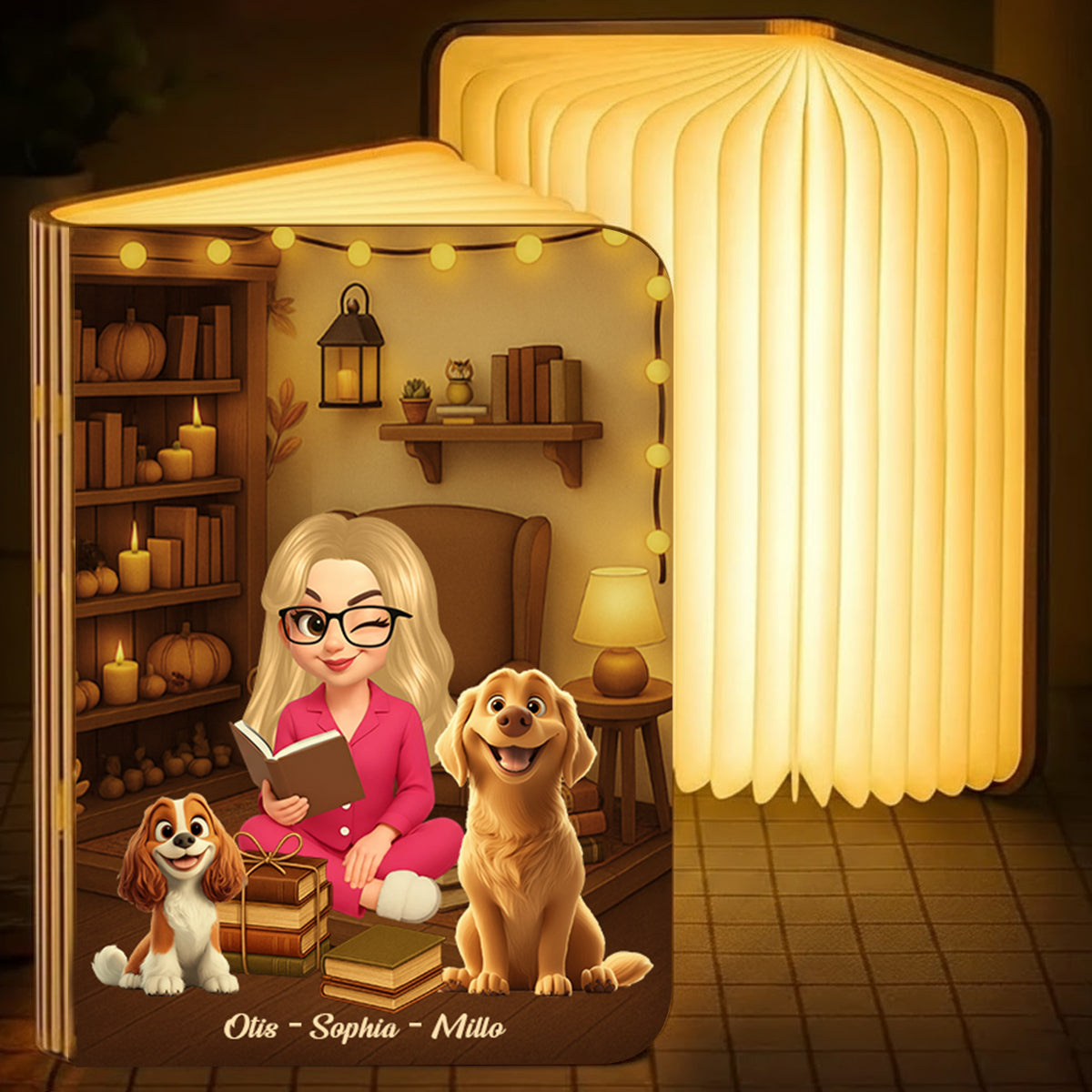 Personalized book lamp featuring a girl who loves books and dogs, custom gift for bookworms and dog lovers.