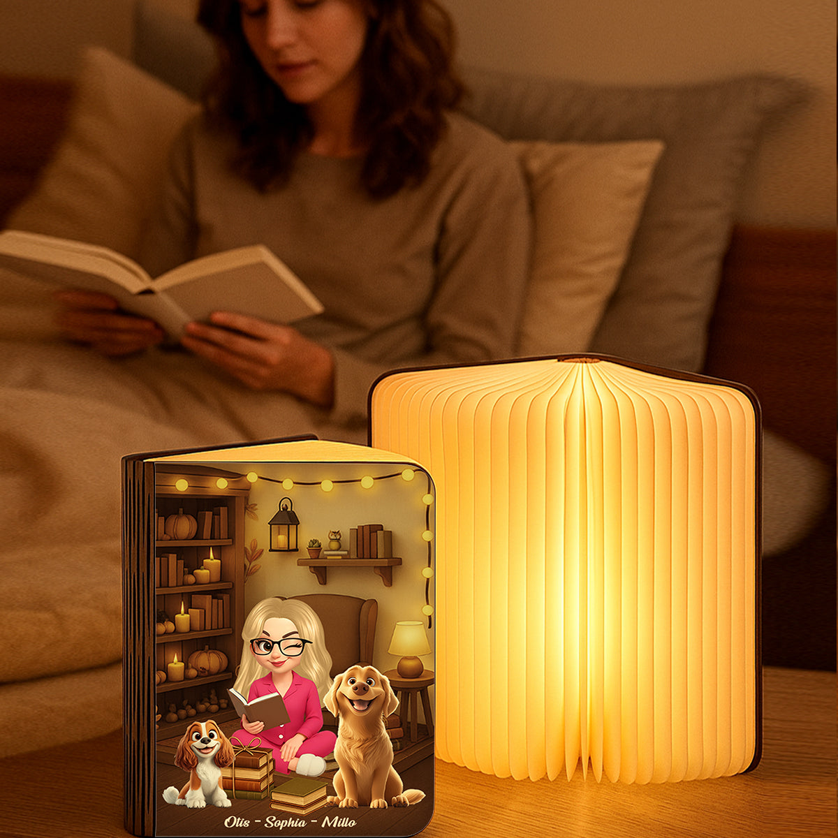 Personalized book lamp featuring a girl who loves books and dogs, custom gift for bookworms and dog lovers.