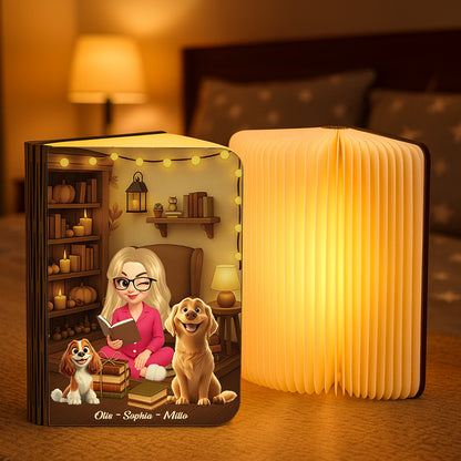 Personalized book lamp featuring a girl who loves books and dogs, custom gift for bookworms and dog lovers.