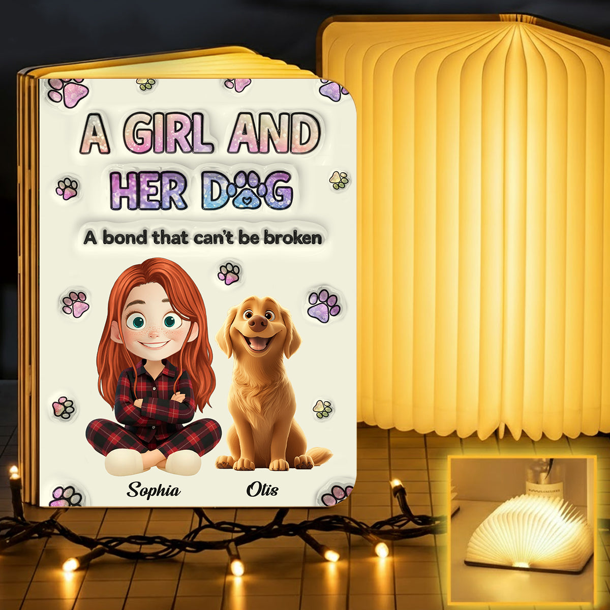 Personalized book lamp featuring a girl with books and a dog, a unique gift for book and dog lovers.