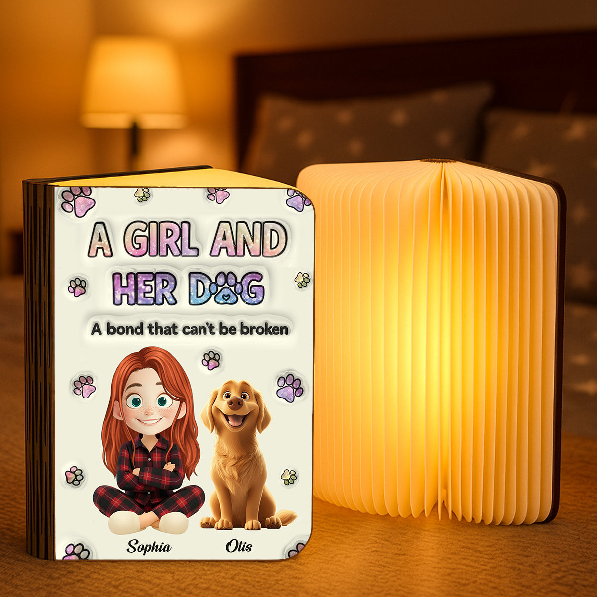 Personalized book lamp featuring a girl with books and a dog, a unique gift for book and dog lovers.