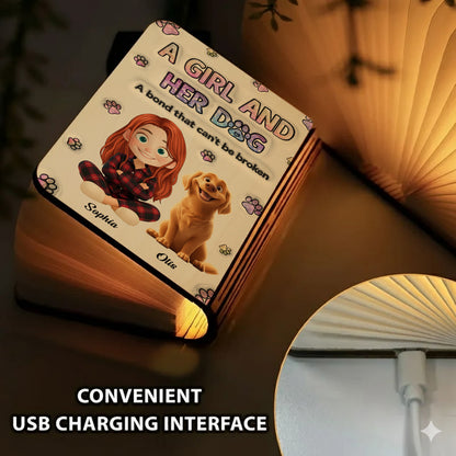 Personalized book lamp featuring a girl with books and a dog, a unique gift for book and dog lovers.