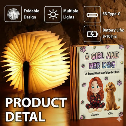 Personalized book lamp featuring a girl with books and a dog, a unique gift for book and dog lovers.