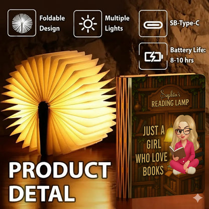 Just a Girl Who Loves Books Personalized Book Lamp, warmly lit and showcasing custom engraving.
