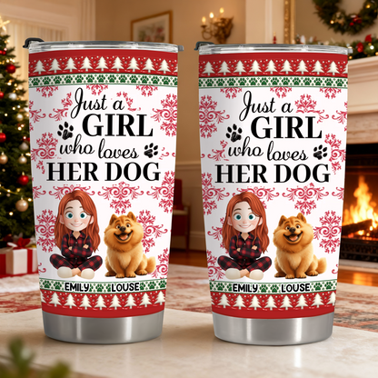 Just a Girl Who Loves Dogs personalized tumbler. Custom dog lover gift with name.
