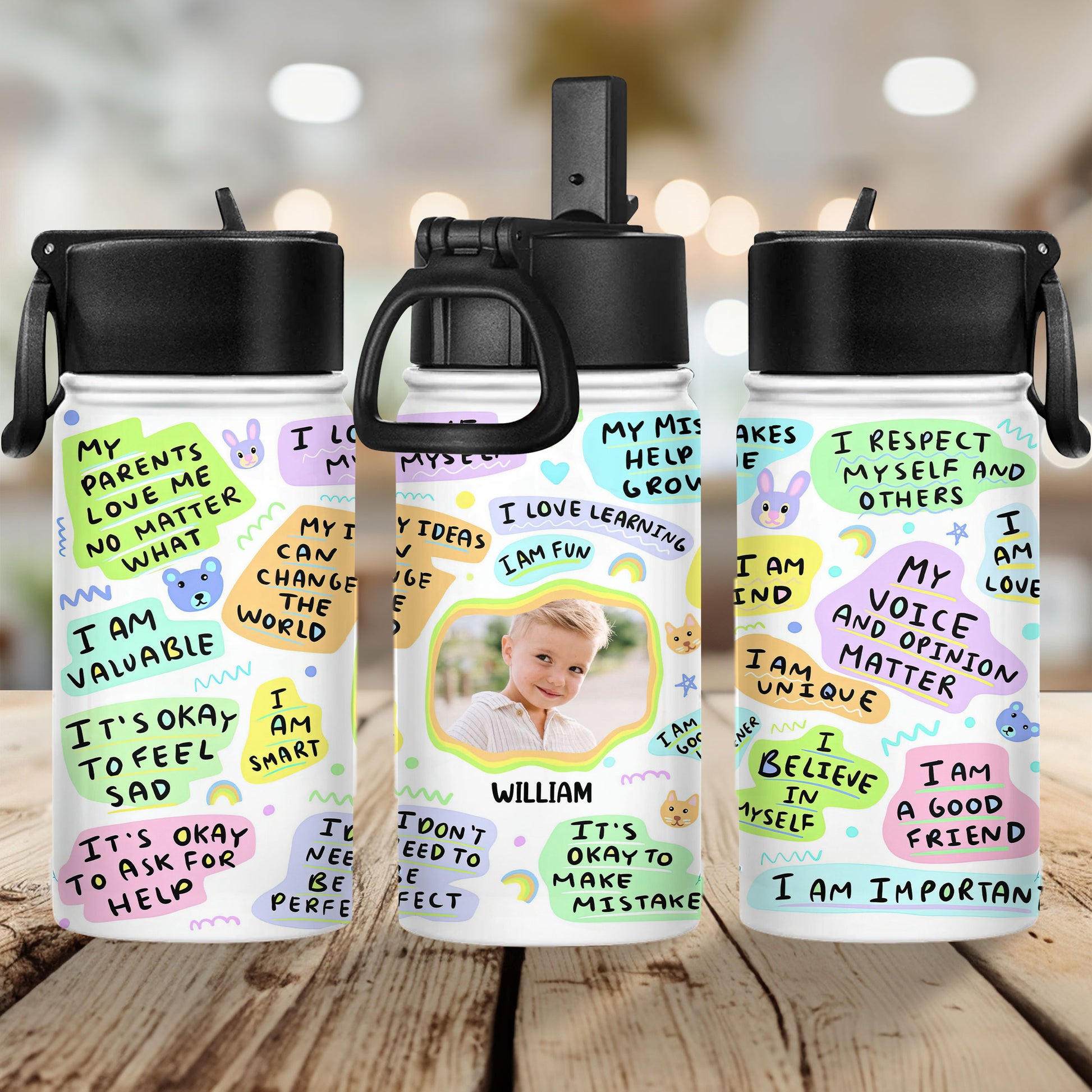 Kid's daily affirmations water bottle for back to school. Stainless steel with straw lid, 12 oz.