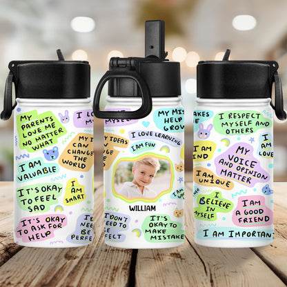 Kid's daily affirmations water bottle for back to school. Stainless steel with straw lid, 12 oz.