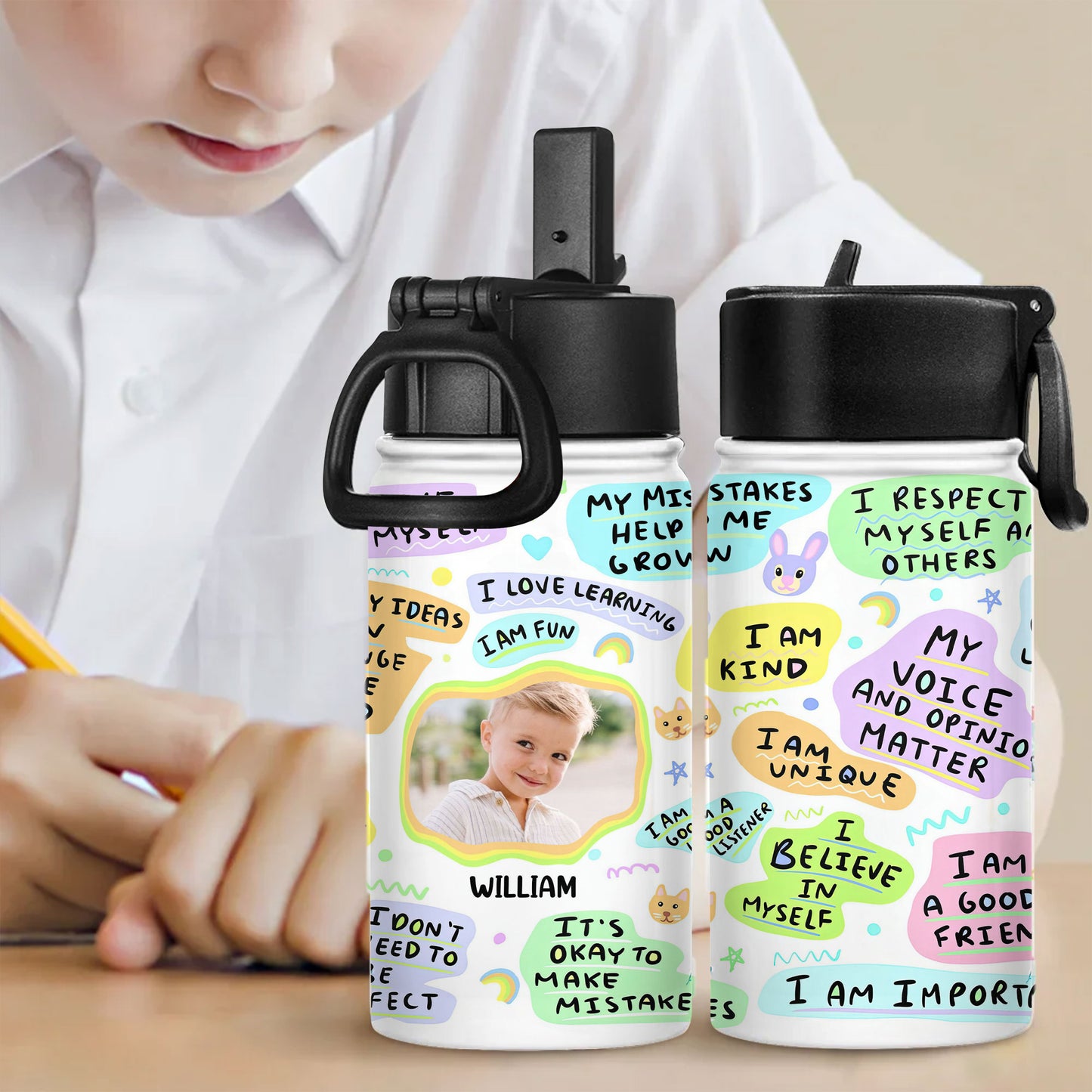 Kid's daily affirmations water bottle for back to school. Stainless steel with straw lid, 12 oz.