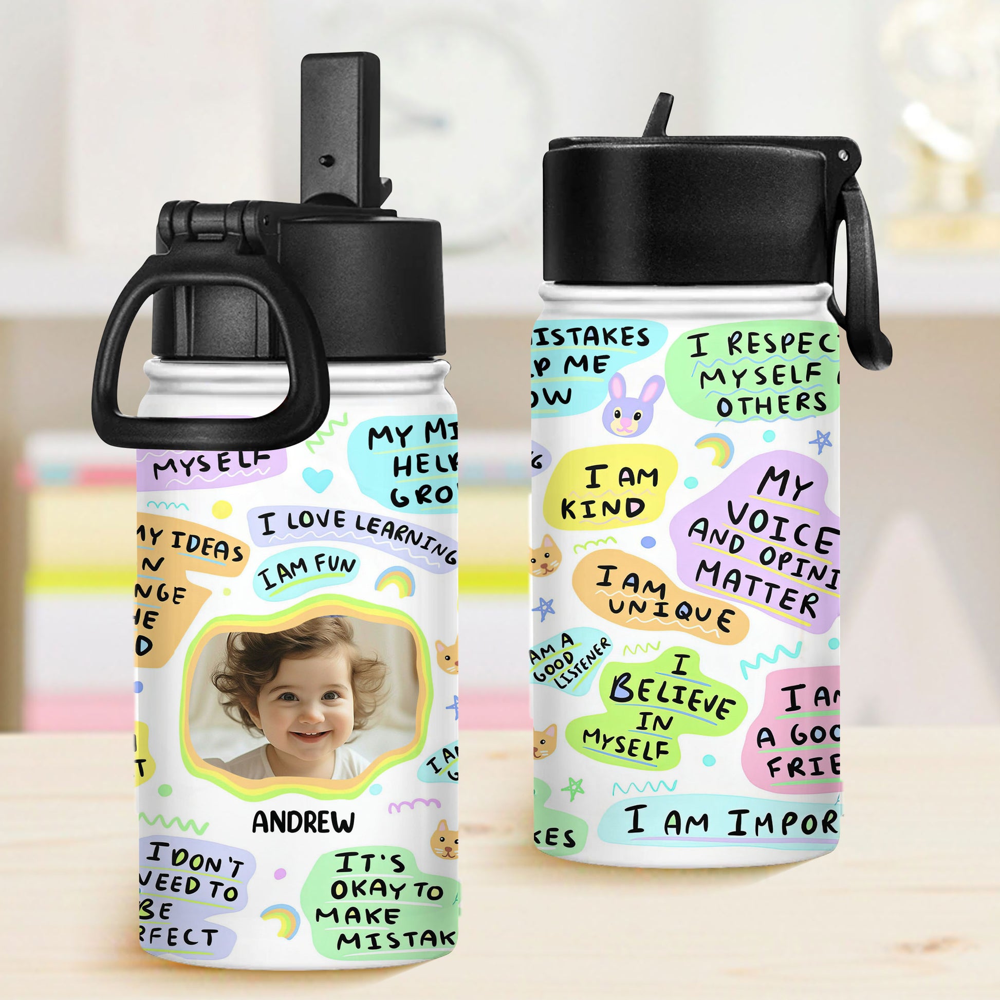 Kid's daily affirmations water bottle for back to school. Stainless steel with straw lid, 12 oz.