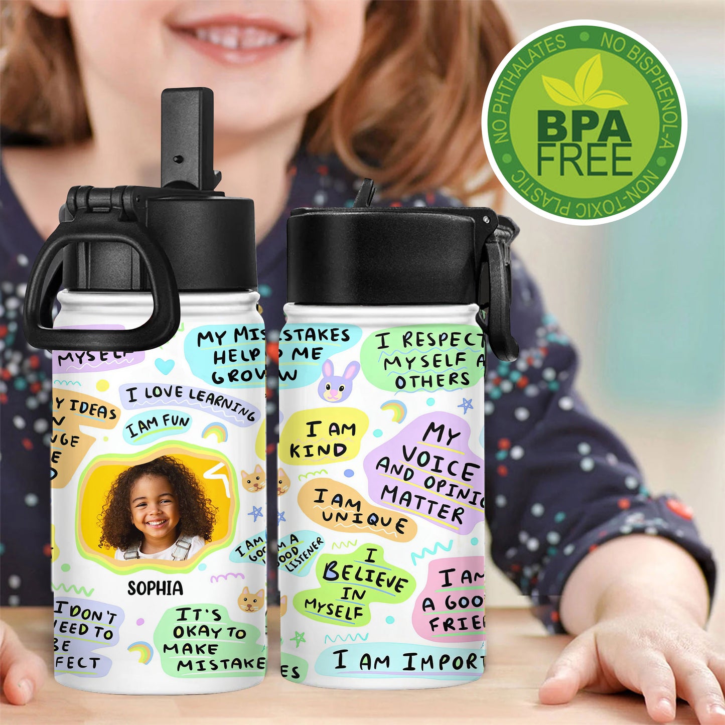 Kid's daily affirmations water bottle for back to school. Stainless steel with straw lid, 12 oz.