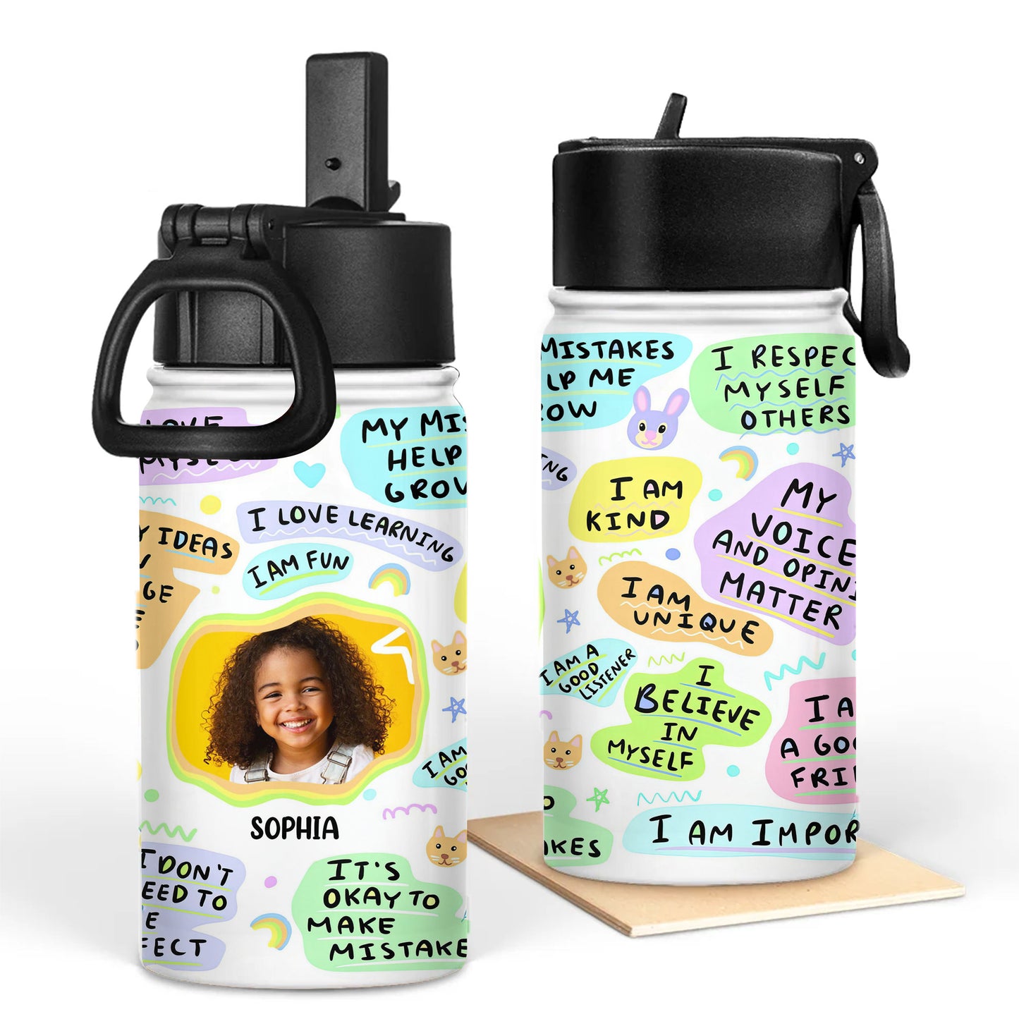 Kid's daily affirmations water bottle for back to school. Stainless steel with straw lid, 12 oz.