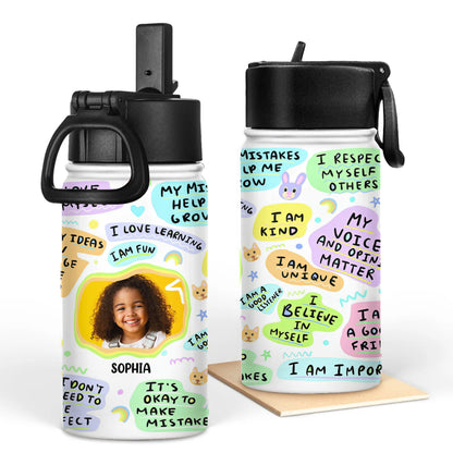 Kid's daily affirmations water bottle for back to school. Stainless steel with straw lid, 12 oz.