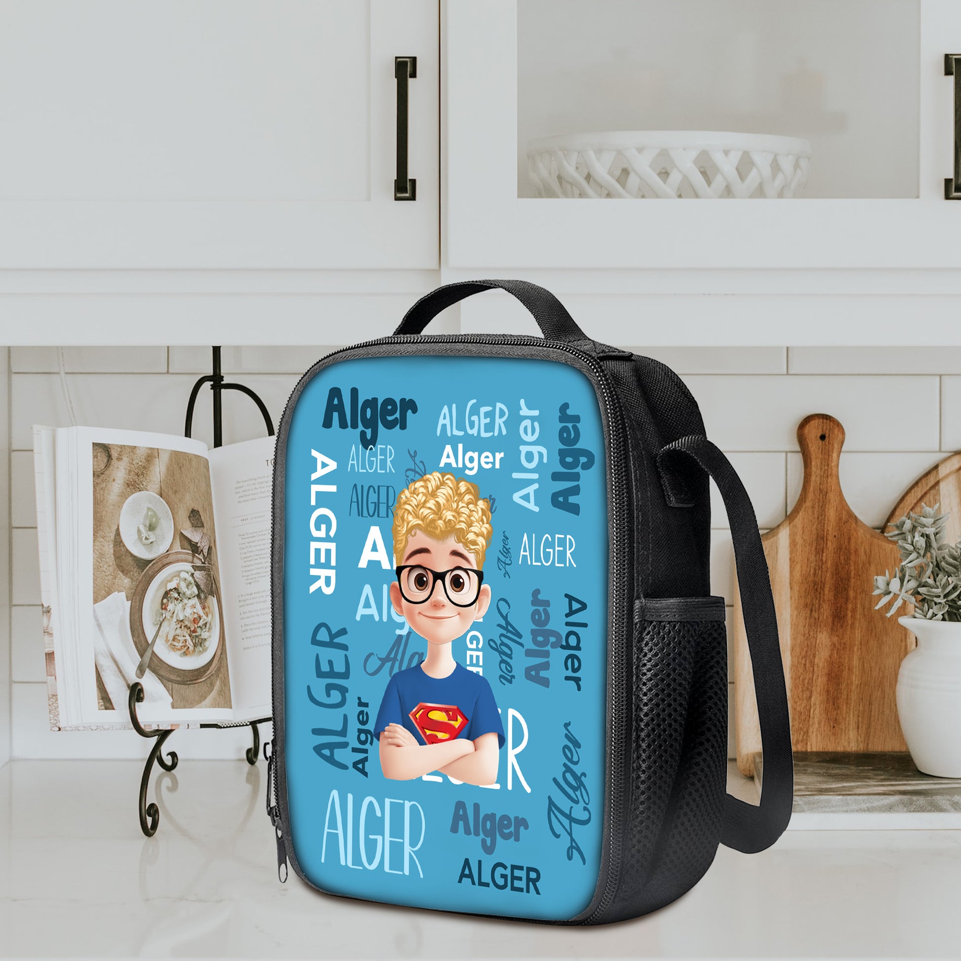 Personalized kids lunch bag with a blue dinosaur design. Great back-to-school gift for children.