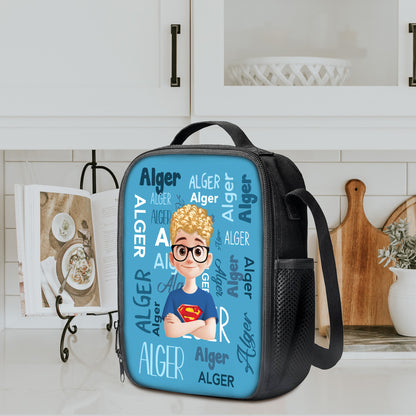 Personalized kids lunch bag with a blue dinosaur design. Great back-to-school gift for children.