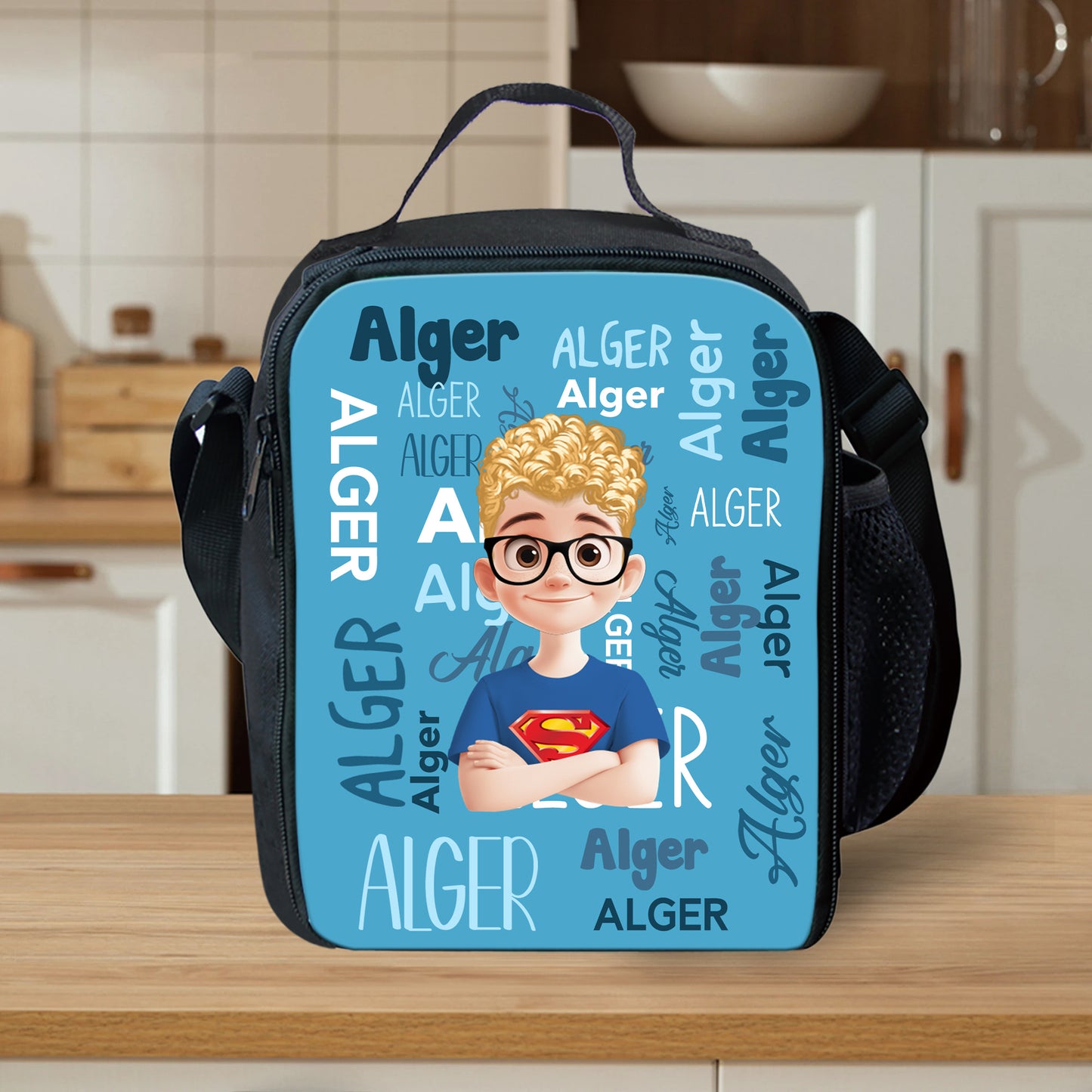 Personalized kids lunch bag with a blue dinosaur design. Great back-to-school gift for children.