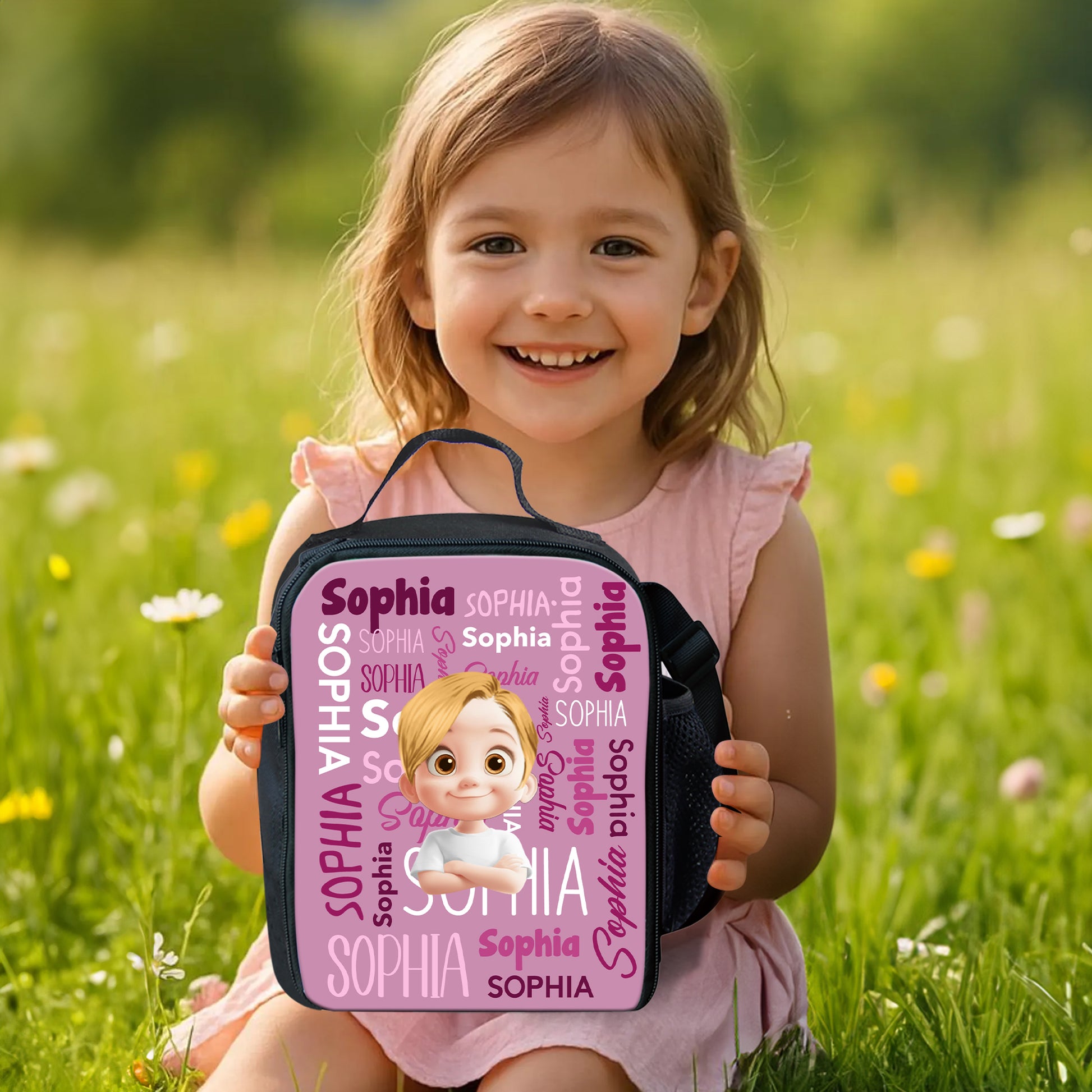 Personalized kids lunch bag with a blue dinosaur design. Great back-to-school gift for children.