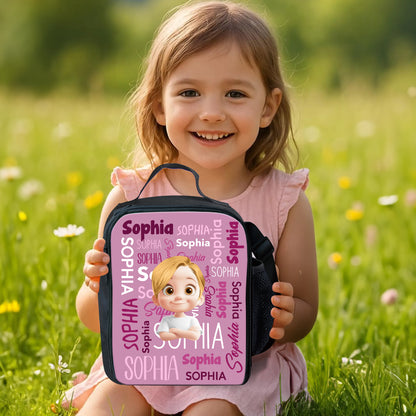 Personalized kids lunch bag with a blue dinosaur design. Great back-to-school gift for children.