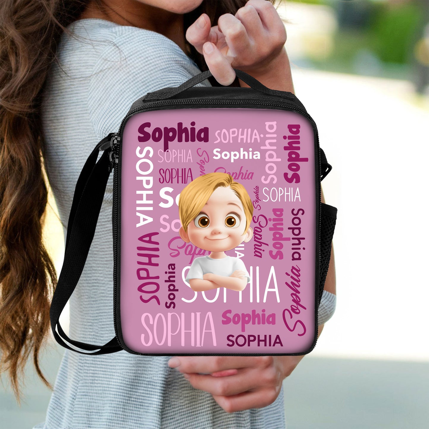 Personalized kids lunch bag with a blue dinosaur design. Great back-to-school gift for children.