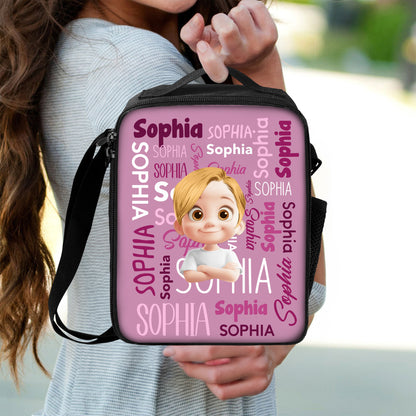 Personalized kids lunch bag with a blue dinosaur design. Great back-to-school gift for children.