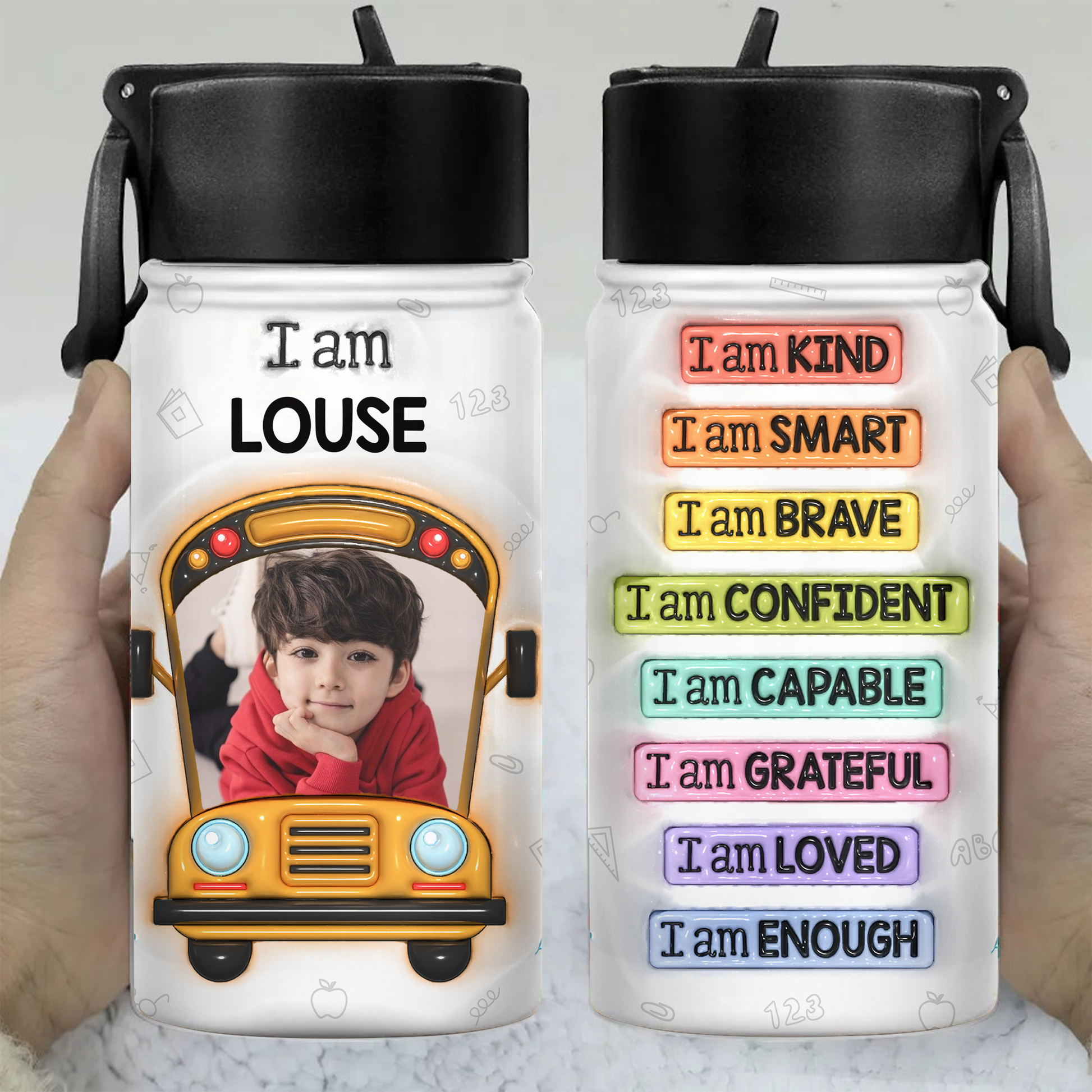 Kind Smart Loved Back to School Water Bottle - 12 oz stainless steel bottle with straw lid.