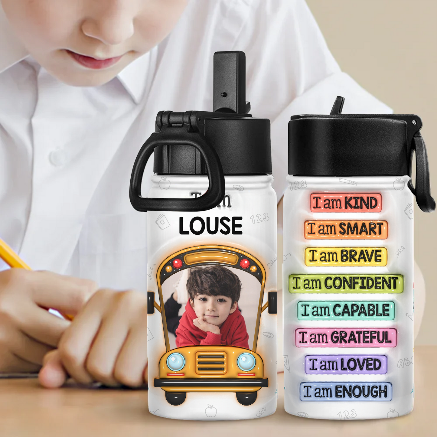 Kind Smart Loved Back to School Water Bottle - 12 oz stainless steel bottle with straw lid.