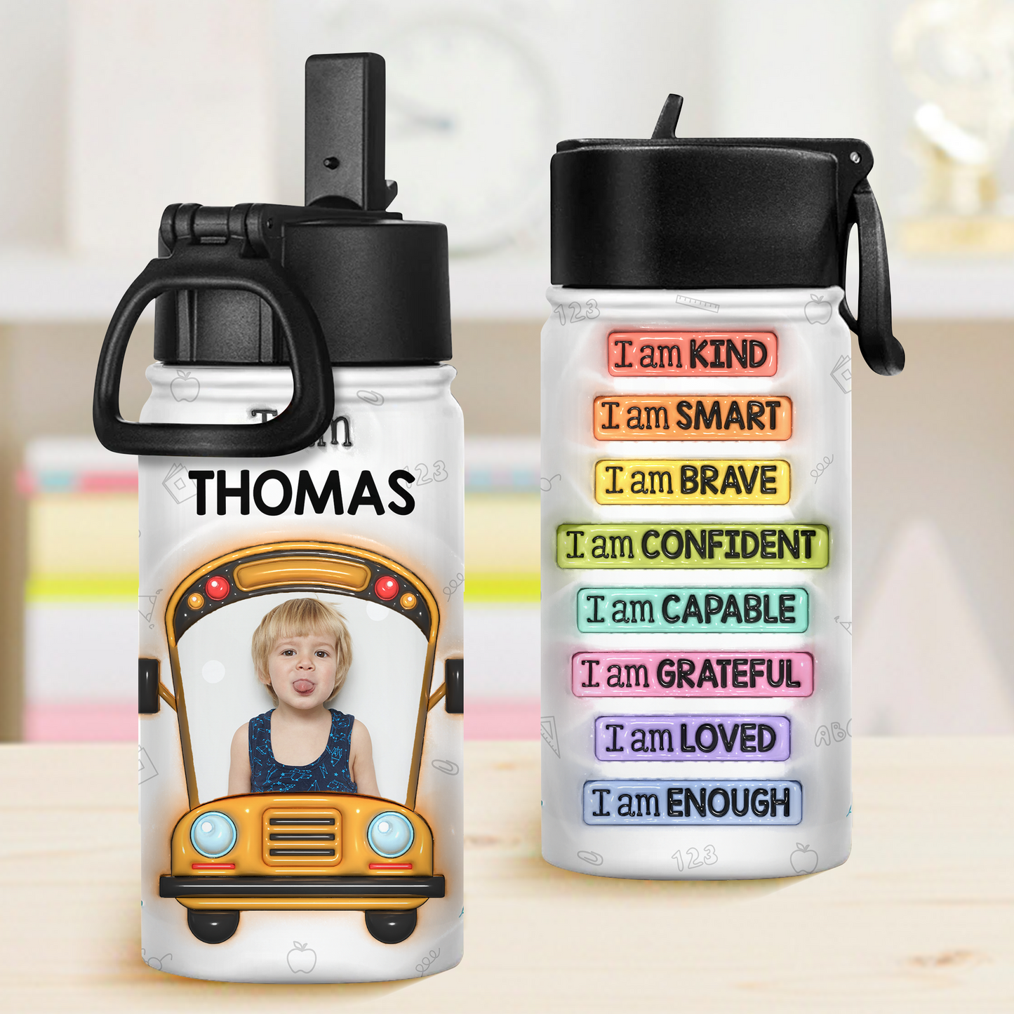 Kind Smart Loved Back to School Water Bottle - 12 oz stainless steel bottle with straw lid.