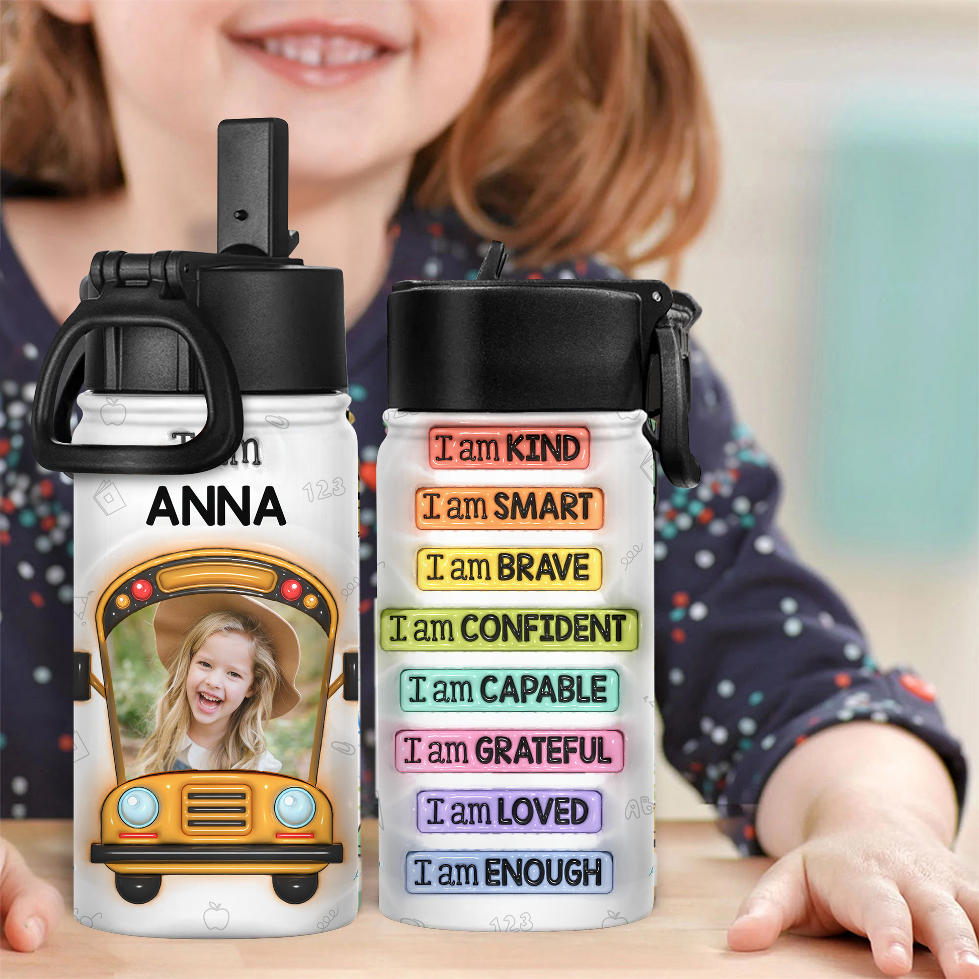 Kind Smart Loved Back to School Water Bottle - 12 oz stainless steel bottle with straw lid.