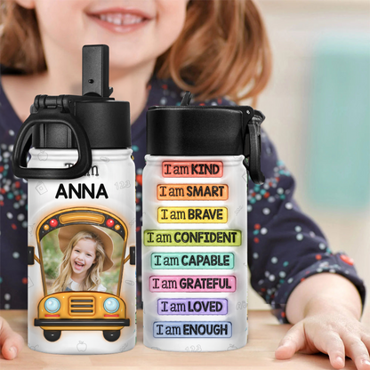 Kind Smart Loved Back to School Water Bottle - 12 oz stainless steel bottle with straw lid.