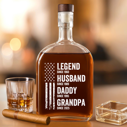 Personalized whiskey bottle gift for husband or dad. Custom engraved family name, perfect Father's Day present.