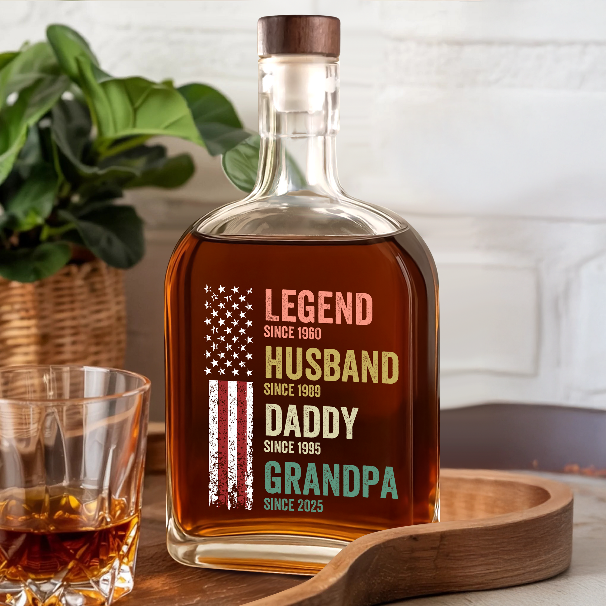 Personalized whiskey bottle gift for husband or dad. Custom engraved family name, perfect Father's Day present.