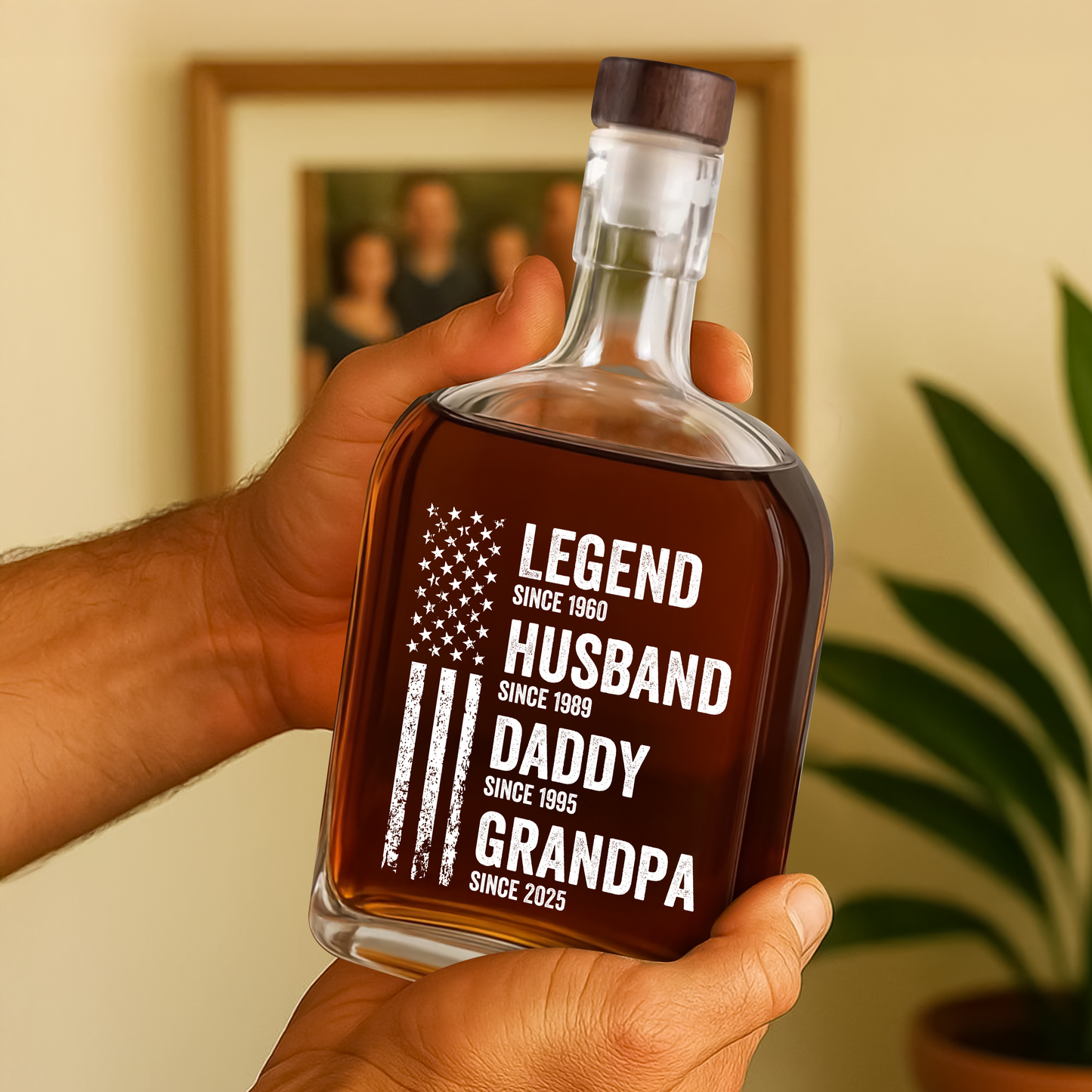 Personalized whiskey bottle gift for husband or dad. Custom engraved family name, perfect Father's Day present.