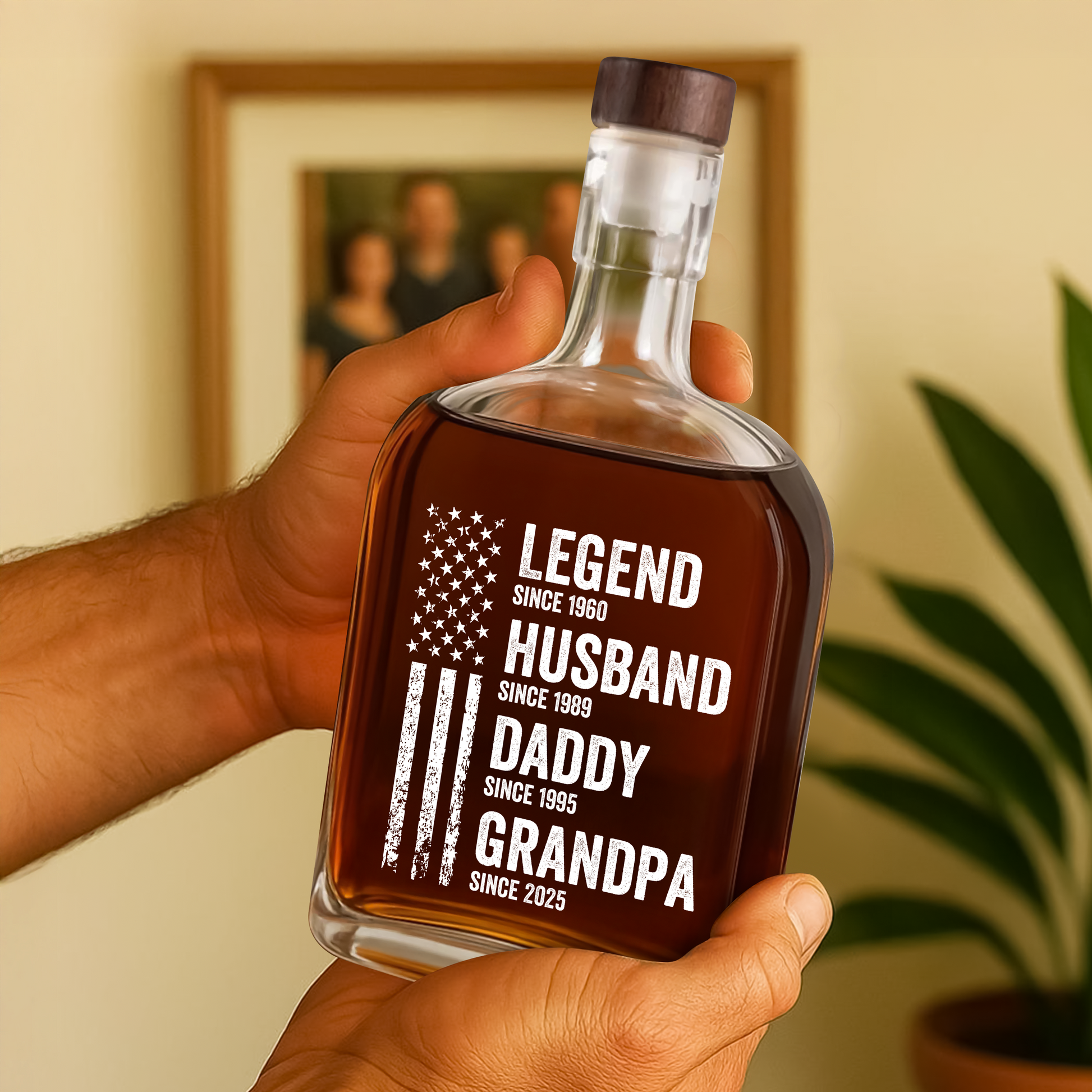 Personalized whiskey bottle gift for husband or dad. Custom engraved family name, perfect Father's Day present.