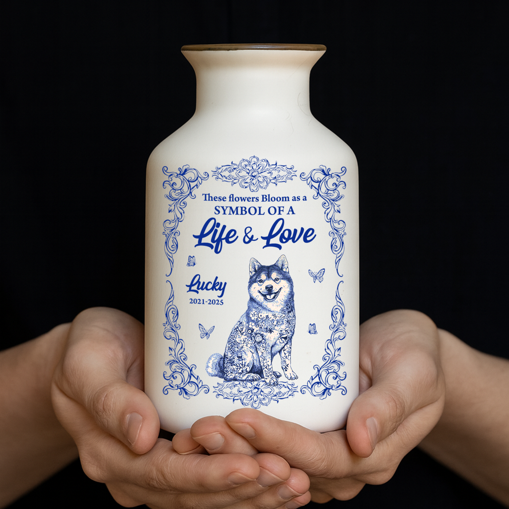 Personalized ceramic flower vase with dog design. Elegant, minimalist white vase for life and love.