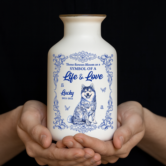 Personalized ceramic flower vase with dog design. Elegant, minimalist white vase for life and love.