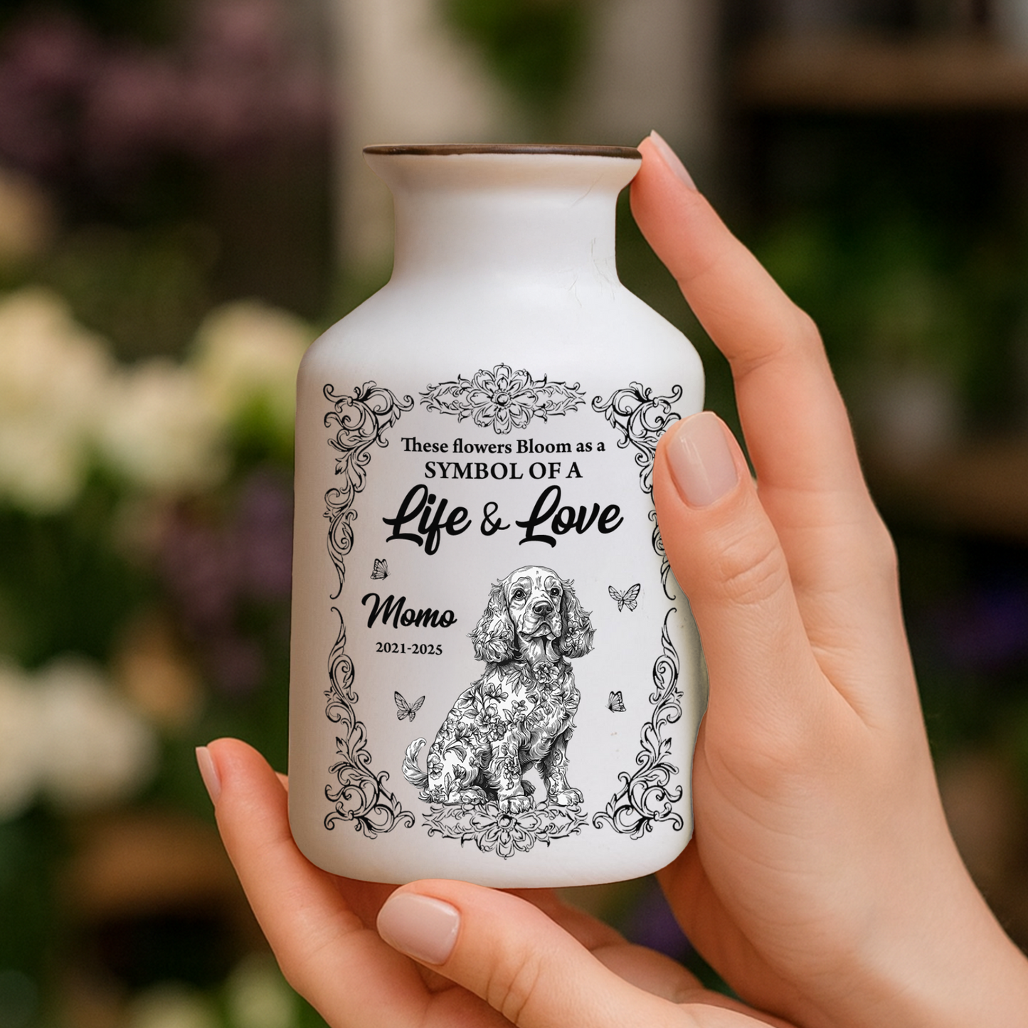 Personalized ceramic flower vase with dog design. Elegant, minimalist white vase for life and love.