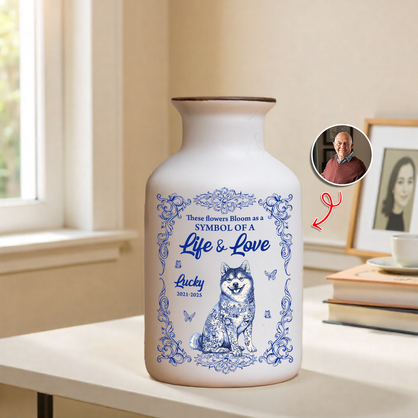 Personalized ceramic flower vase with dog design. Elegant, minimalist white vase for life and love.