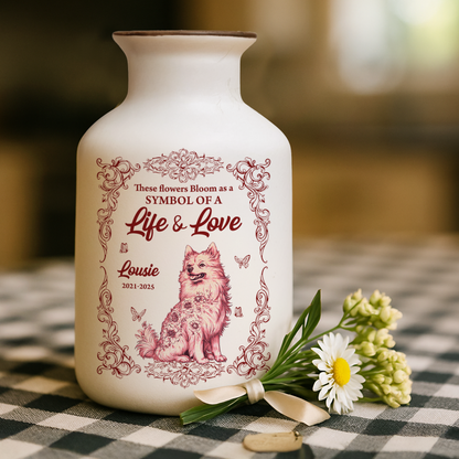 Personalized ceramic flower vase with dog design. Elegant, minimalist white vase for life and love.