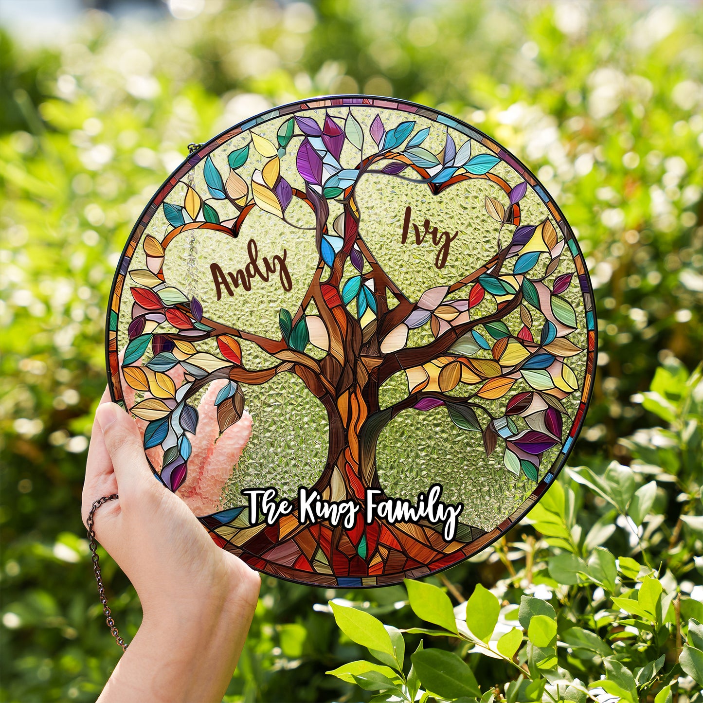 Personalized life tree photo suncatcher stained glass window hanging with custom picture.