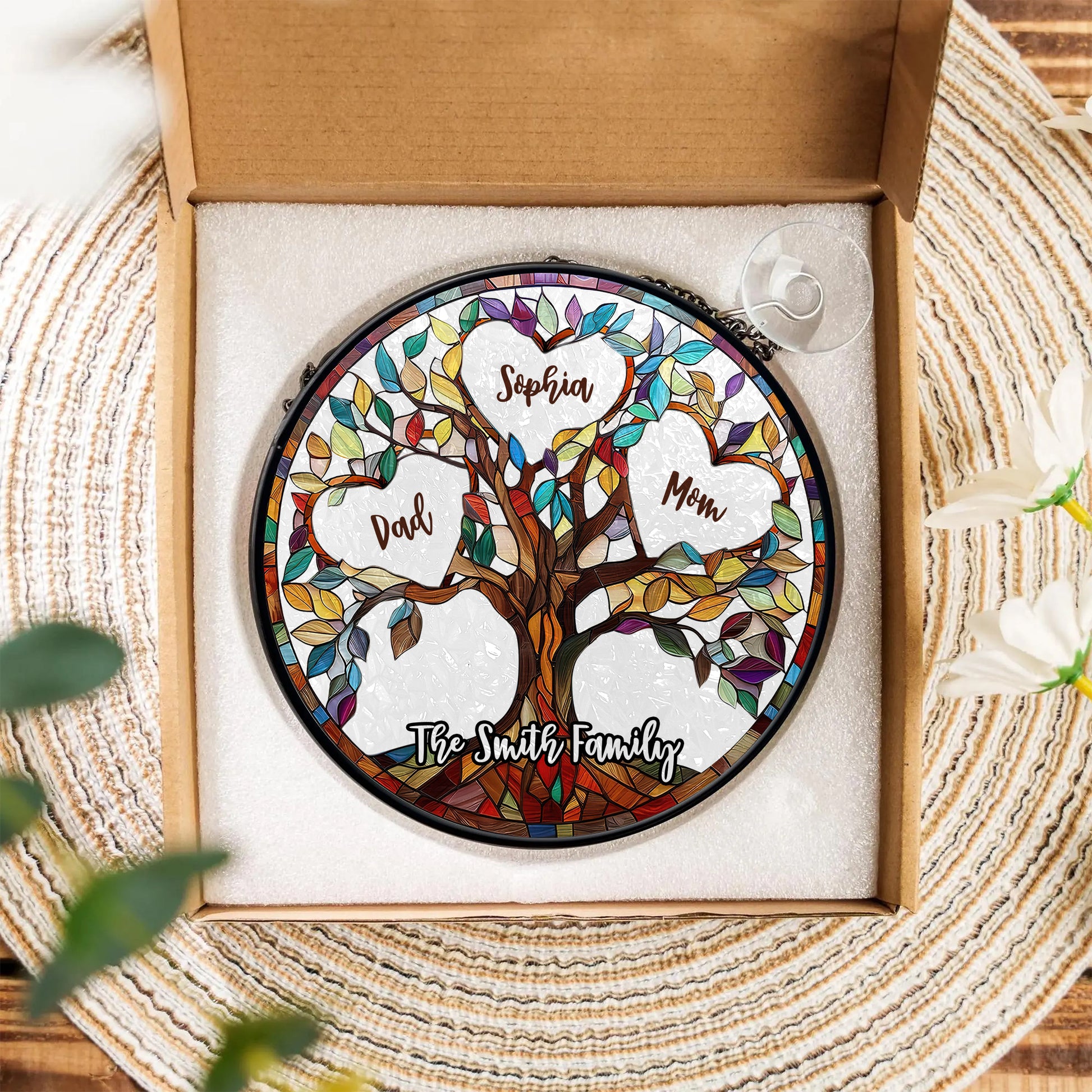 Personalized life tree photo suncatcher stained glass window hanging with custom picture.