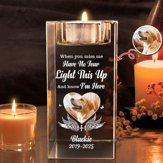 Personalized crystal candle holder, "Light This Up" design, perfect for adding a custom touch to any space.