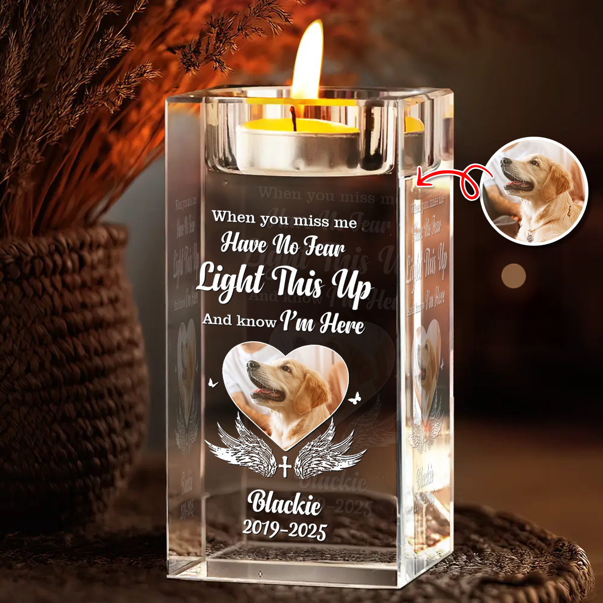 Personalized crystal candle holder, "Light This Up" design, perfect for adding a custom touch to any space.