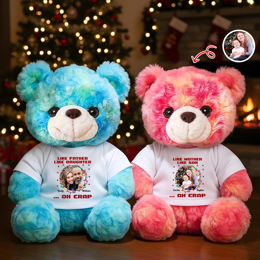 Personalized memorial teddy bear with custom "Like Father, Oh Crap!" message and photo. A comforting keepsake.