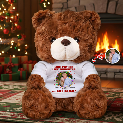 Personalized memorial teddy bear with custom "Like Father, Oh Crap!" message and photo. A comforting keepsake.