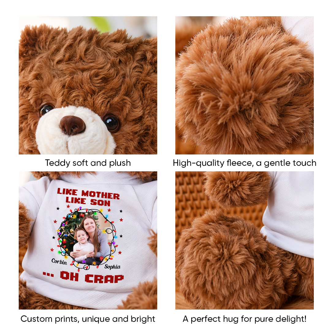 Personalized memorial teddy bear with custom "Like Father, Oh Crap!" message and photo. A comforting keepsake.